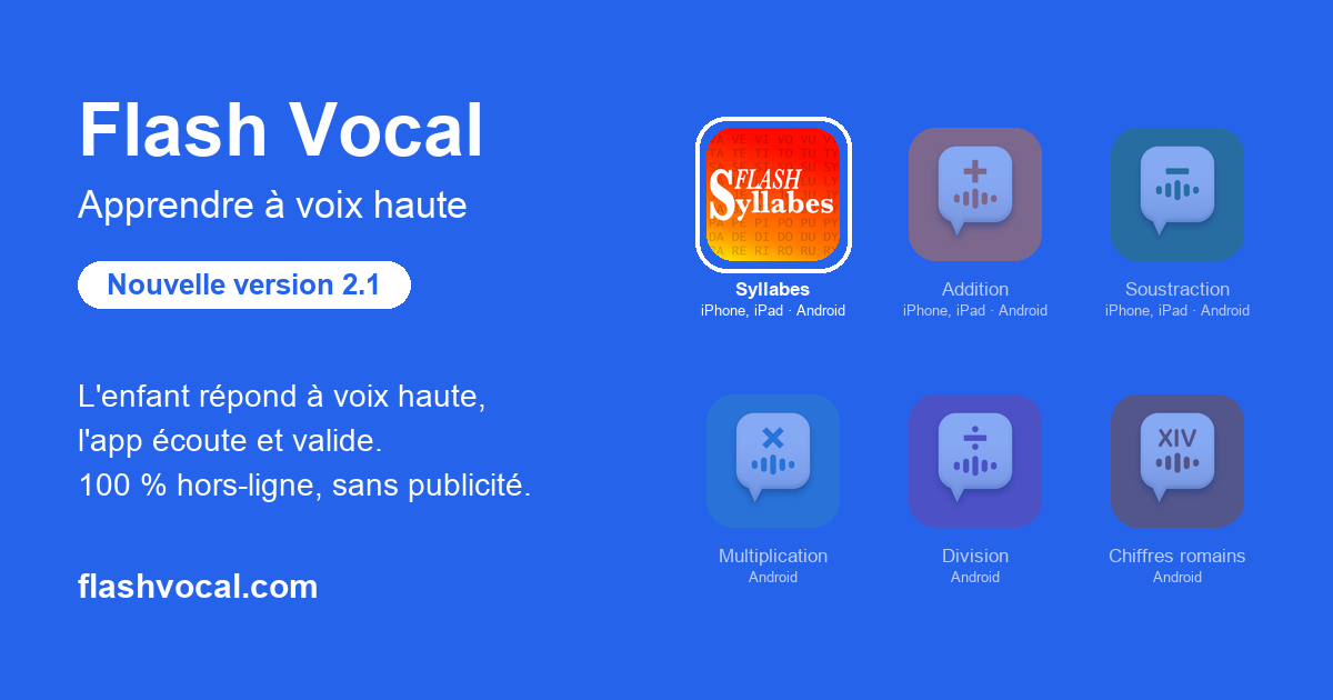 Les six applications Flash Vocal : Flash Syllabes, Addition, Soustraction, Multiplication, Division et Chiffres Romains