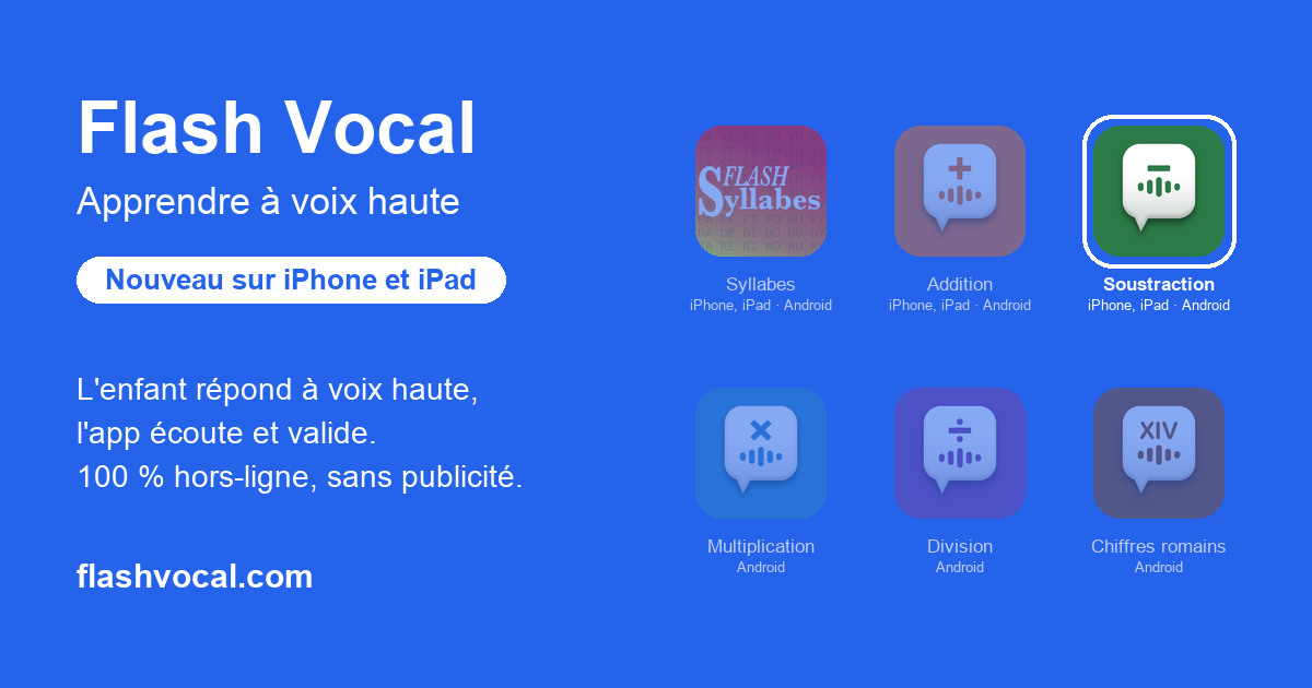 Altı Flash Vocal uygulaması: FlashSyllabes, Toplama, Çıkarma, Çarpma, Bölme ve Roma Rakamları