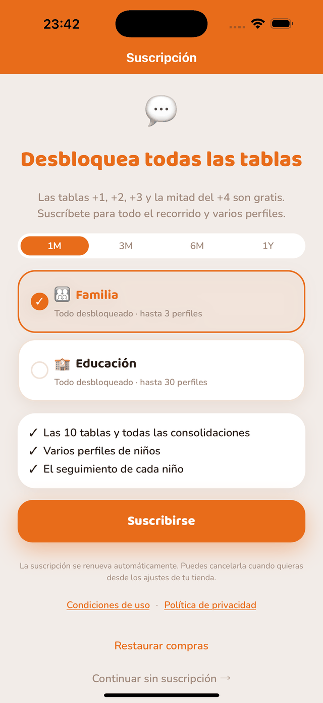 Pantalla de suscripción