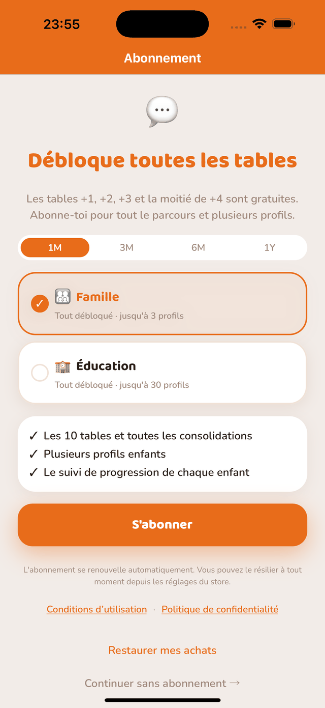 Écran d'abonnement