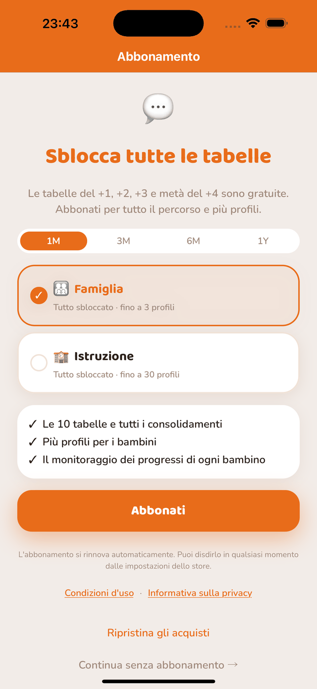Schermata dell’abbonamento