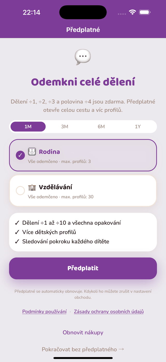 Obrazovka předplatného