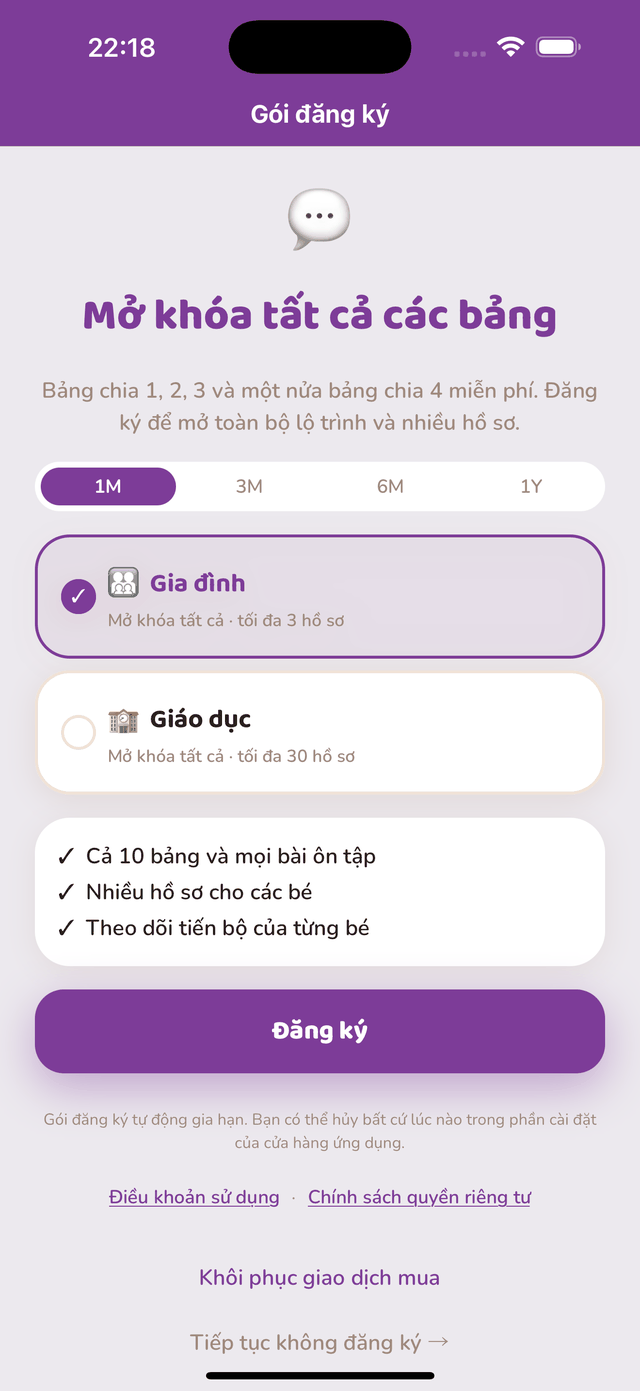Màn hình gói đăng ký