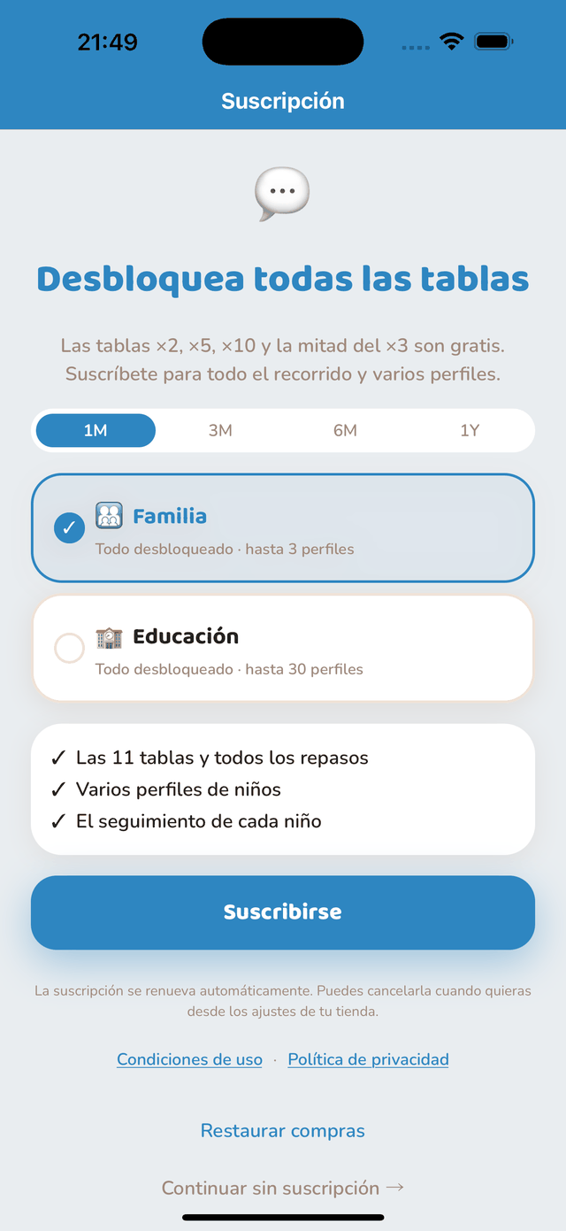 Pantalla de suscripción