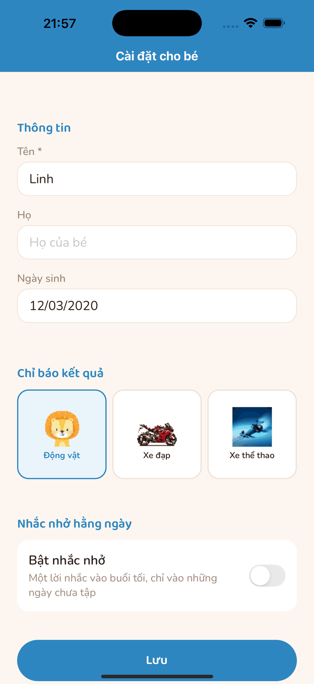 Cài đặt nhắc nhở hằng ngày
