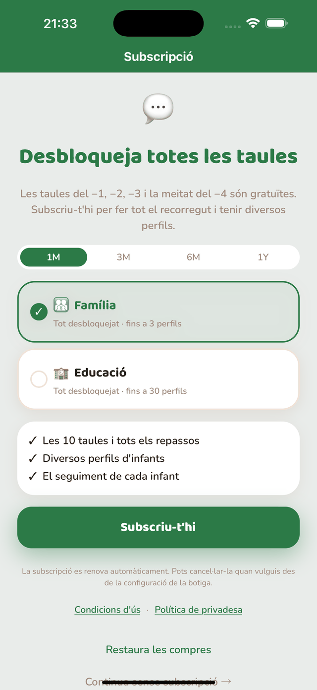 Pantalla de subscripció