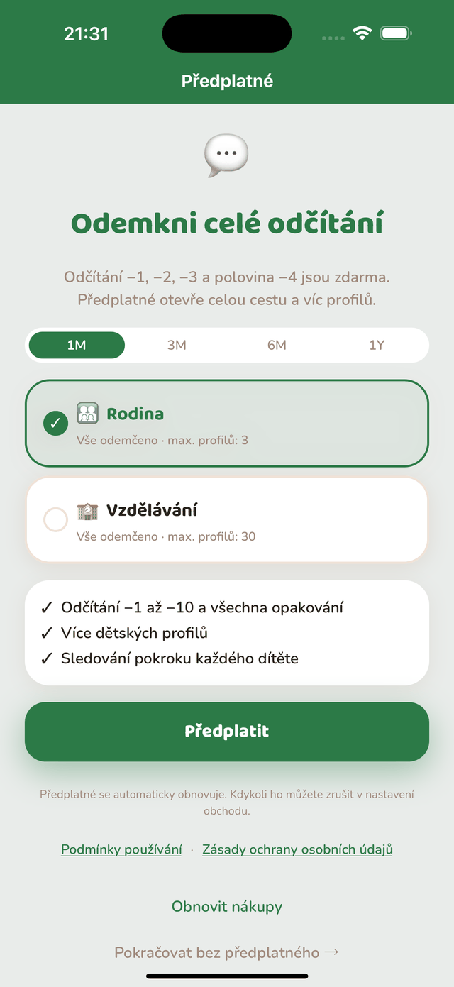Obrazovka předplatného