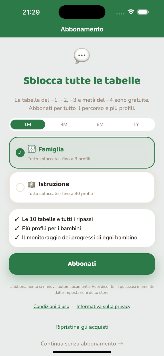 Schermata dell’abbonamento