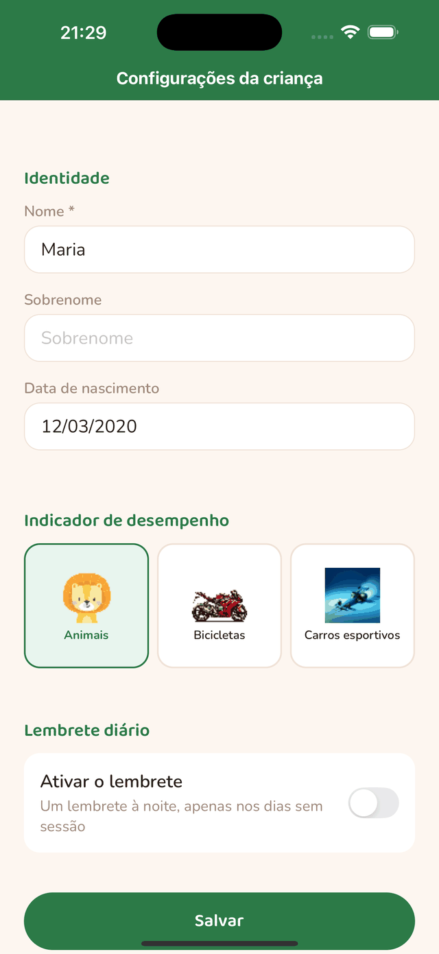 Configuração do lembrete diário