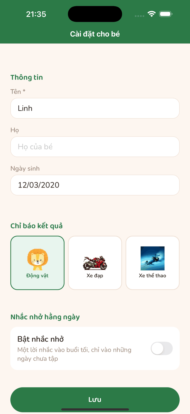 Cài đặt nhắc nhở hằng ngày